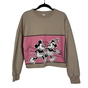 Disney Mickey Mouse Sweatshirt Women XS Tan Pink Graphic Mickey Minnie Pullover